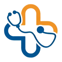 Móra Medical logó kék és narancssárga kereszttel és sztetoszkóppal.